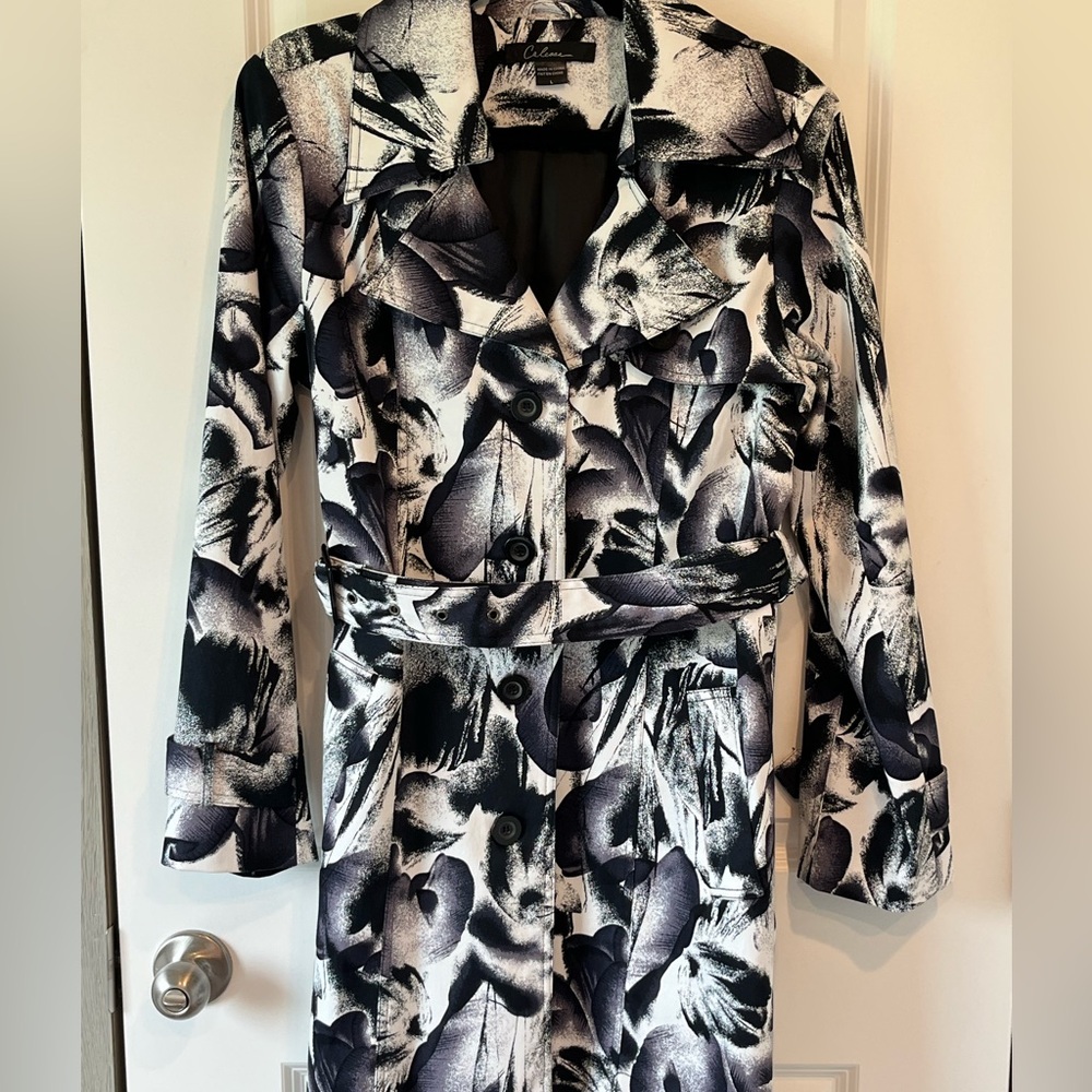 Calessa Women's Large Floral Black White Trench Coat Long Jacket - Picture 4 of 5